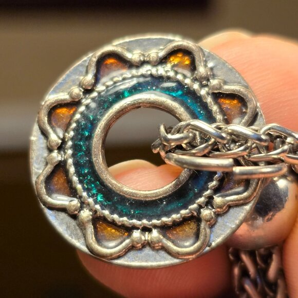 Southwestern Multi-Chain Station Necklace 40" Textured Discs Faux Turquoise Bead - Picture 7 of 8